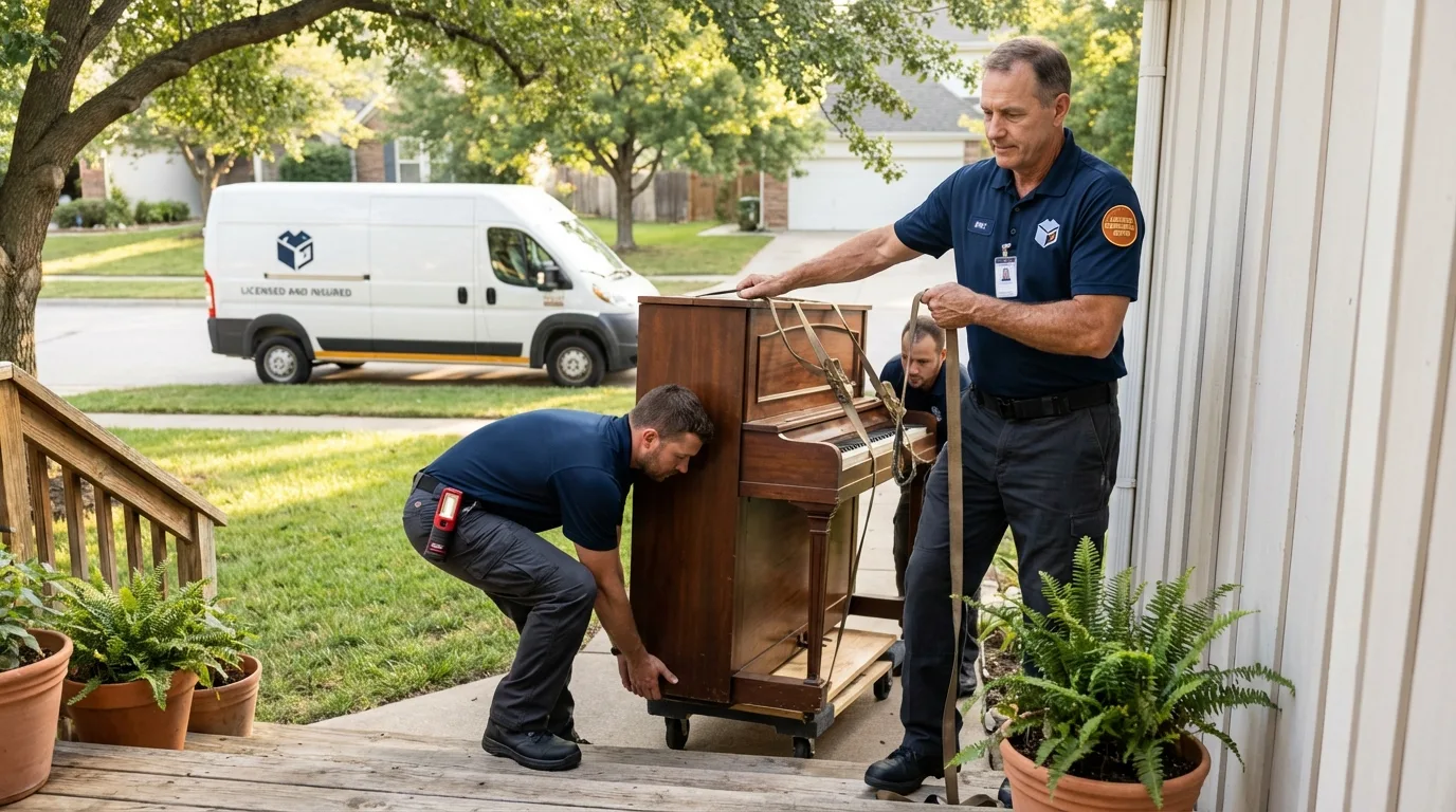 Licensed piano movers securing grand piano in Sea Girt, NJ