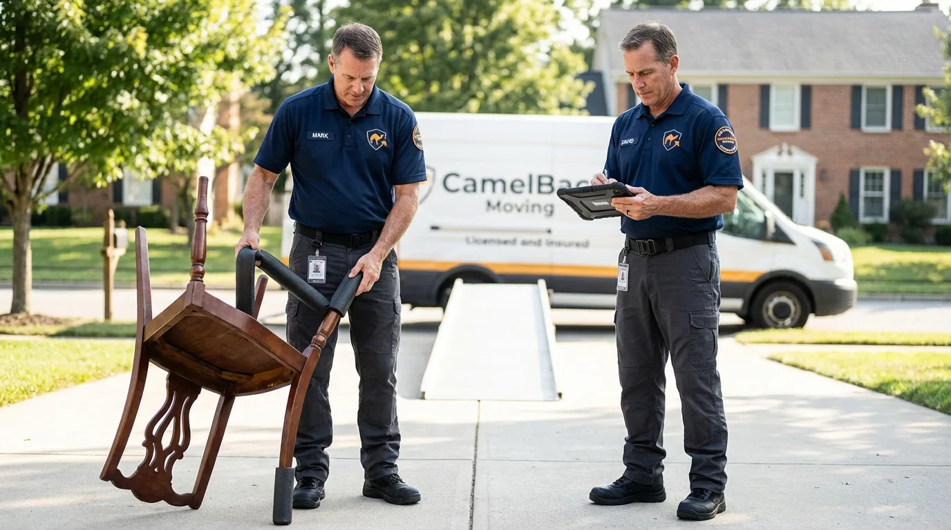 Movers inspecting furniture for damage prevention before loading in Sea Girt, NJ