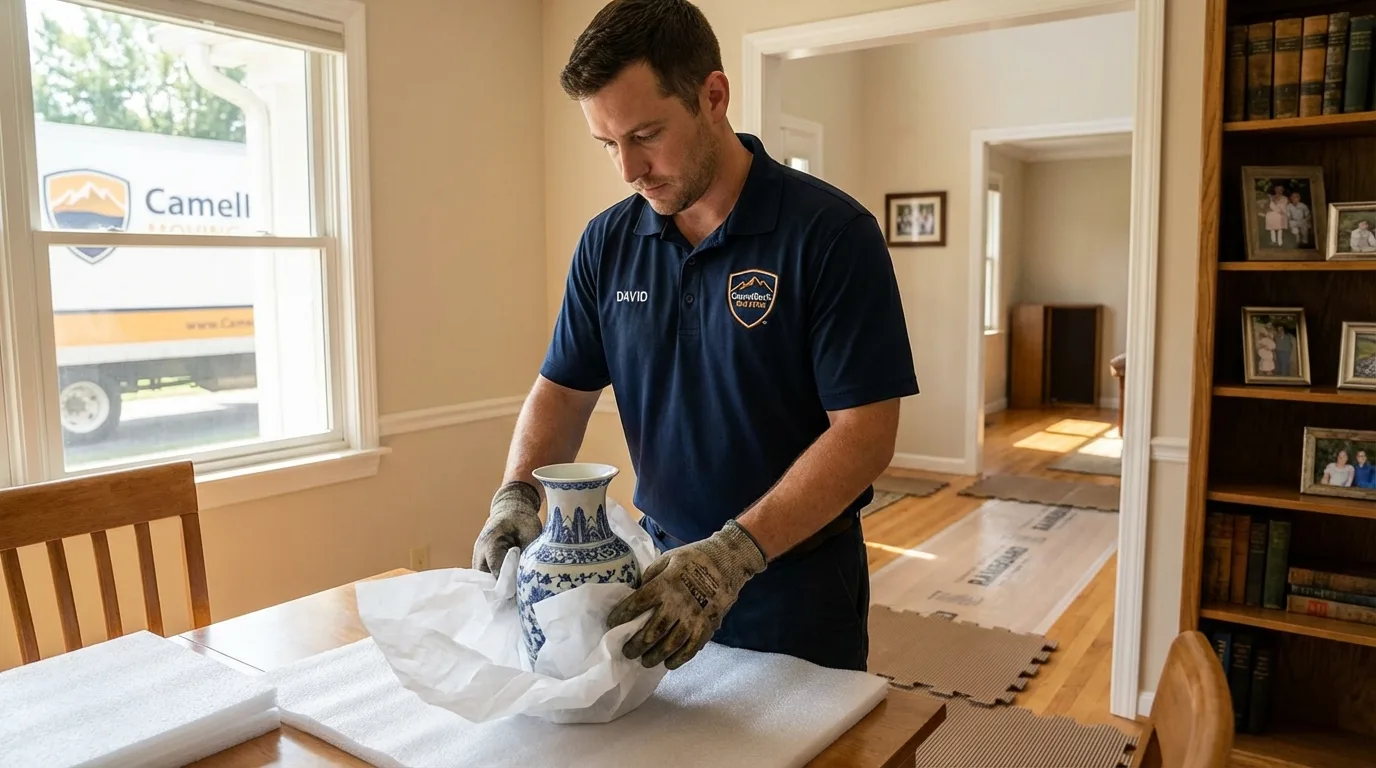 Professional crew carefully wrapping antique vase for senior downsizing move in Sea Girt, NJ